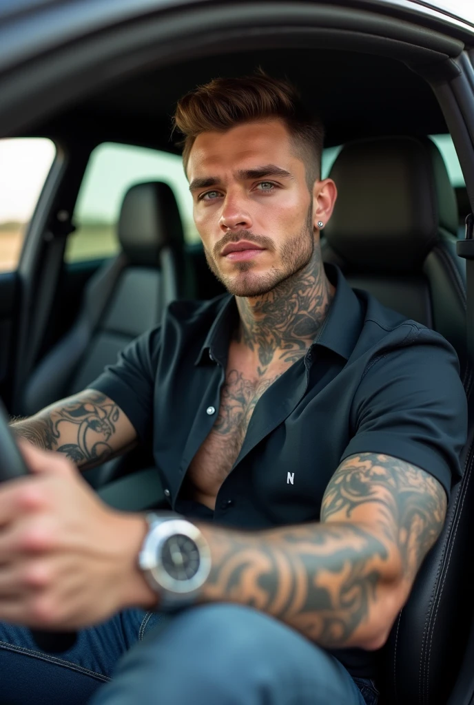 A 23 year old man handsome attractive seductive expression, athletic, tattooed, inside a sports car, sitting in the passenger seat, with a silver watch shirt brown hair, strong arms, neck tattoo,