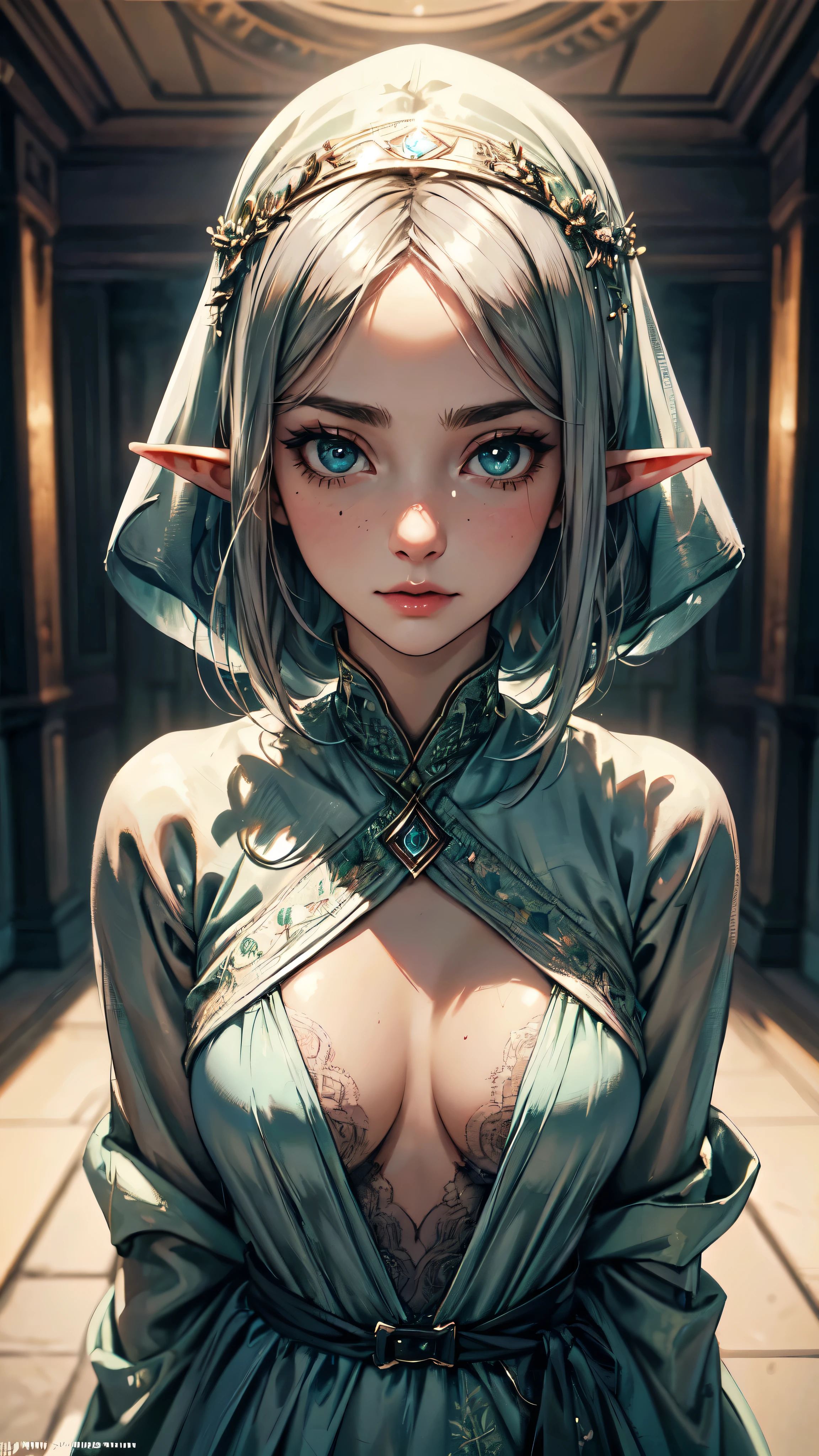 Tia is shown to have a fairly slender figure. She has white-grey hair , she has short hair and large pale green eyes, detailed face , tall face , (RAW style, masterpiece, best quality, ultra-detailed) closed-up view , a beautiful hijab woman ((beautiful eyes)) wearing pastel color abaya , small breast , exquisite image boasts an ultra-realistic and ultra-detailed representation, with intricate details that capture the depth and nuance of every feature. The depth of field is expertly rendered, adding a sense of dimension and texture to the scene. Octane renders bring out the ultra-definition in the (skin texture, film grain), imbuing the image with a cinematic feel that is further enhanced by the cinematic light, which bathes the girl's face in sidelighting. The ultra high ., medium breasts, superior quality, many details, Puri focus Sharp and realistic,etailed eyes, detailed hands, detailed face, elf woman full body