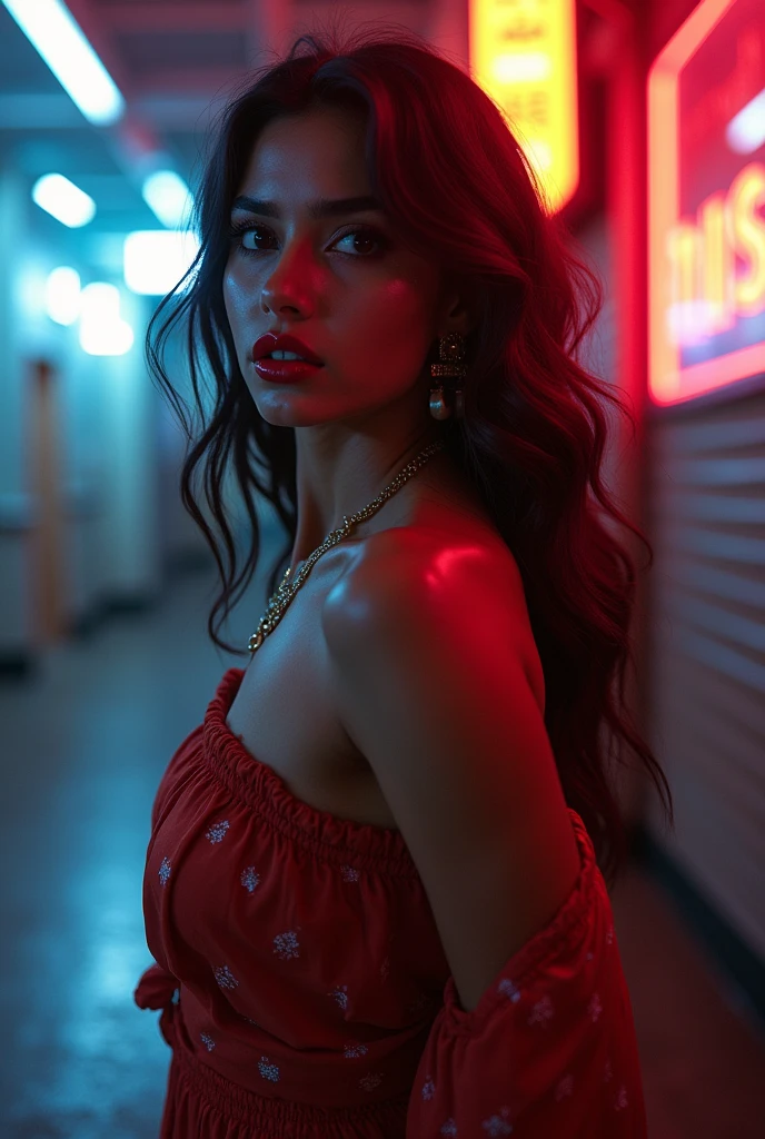 a woman in a public bathroom captures the allure of a tall, skinny figure with long hair, wearing a sexy black dress, standing in front of graffiti-covered walls; the dimly lit space accentuates the wet hair glistening under a neon sign, while her red lips add a touch of intrigue, detailed skin, elegant, alluring, attractive, amazing photograph, DSLR, 80mm Sigma f2, depth of field, intricate natural lighting