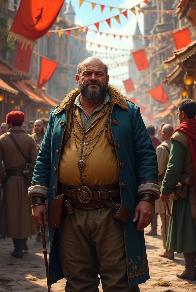 
create an unattractive man in his early 40s in a fantasy medieval setting. He's overweight and balding. He's socially awkward and unlikeable. He's part of a traveling troupe of minstrels but only because he's the bastard son of a Duke and his presence brings them the Duke's favor. He's inside a medieval city during a festival. 