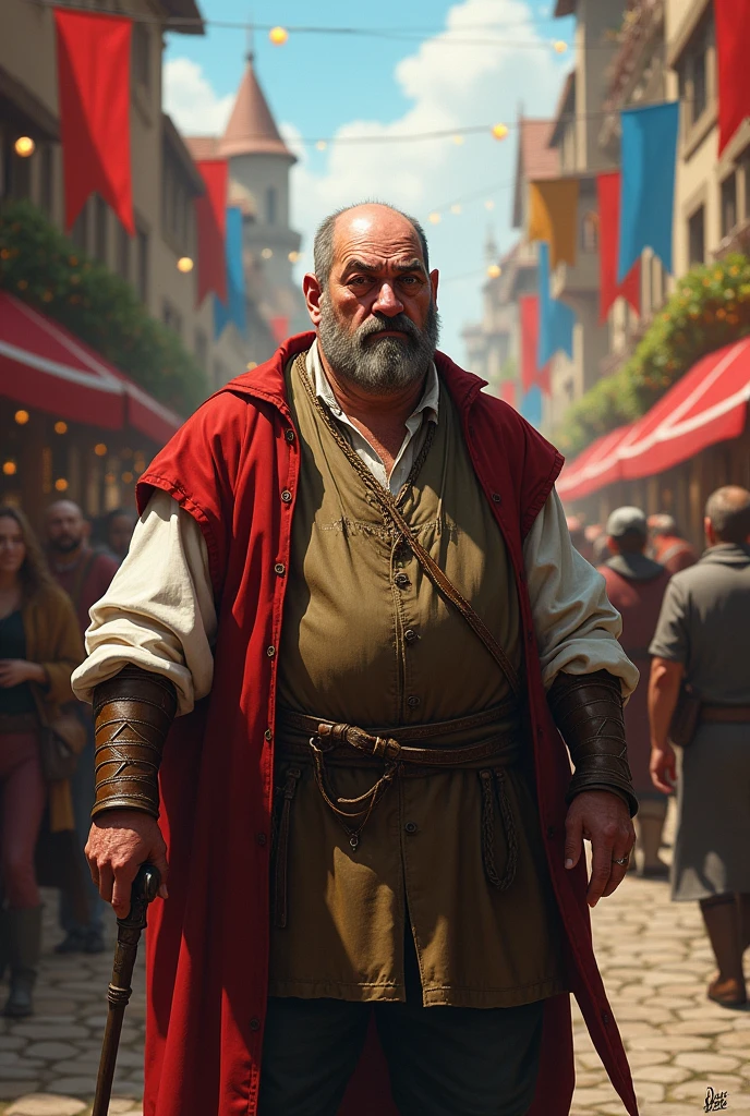 
create an unattractive man in his early 40s in a fantasy medieval setting. He's overweight and balding. He's socially awkward and unlikeable. He's part of a traveling troupe of minstrels but only because he's the bastard son of a Duke and his presence brings them the Duke's favor. He's inside a medieval city during a festival. 