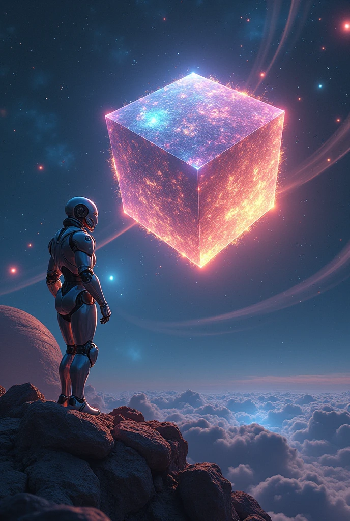 Make me an image of a robot that is in space and you can see cute things like stars galaxy etc, showing your cube planet, that everything looks very beautiful and that it is animated and without clouds, that he sees the cube planet as a cube with lights and everything spectacular