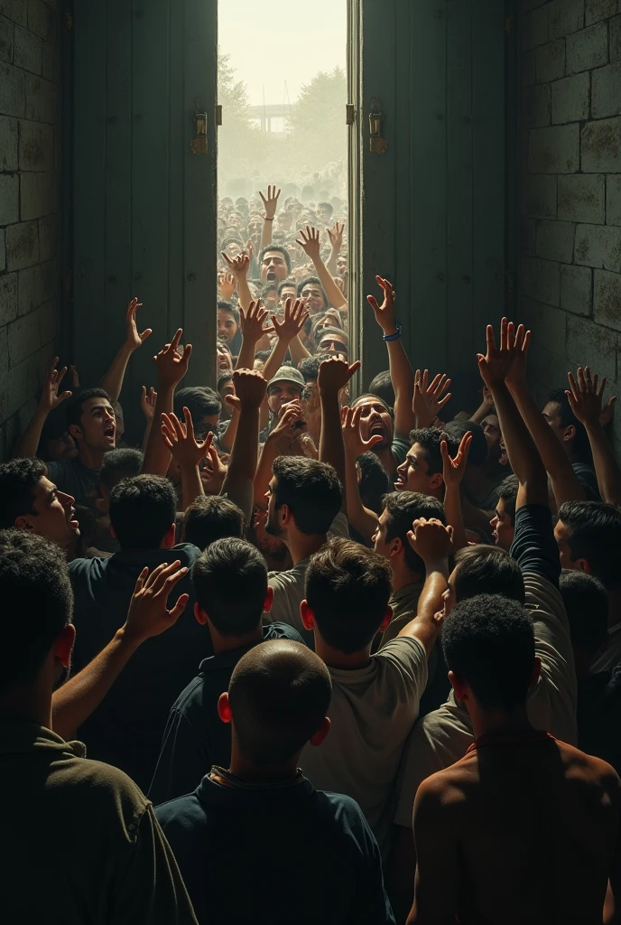 Creating a group of desperate men, women and young people looking,knocking and calling on a narrow door that is closed