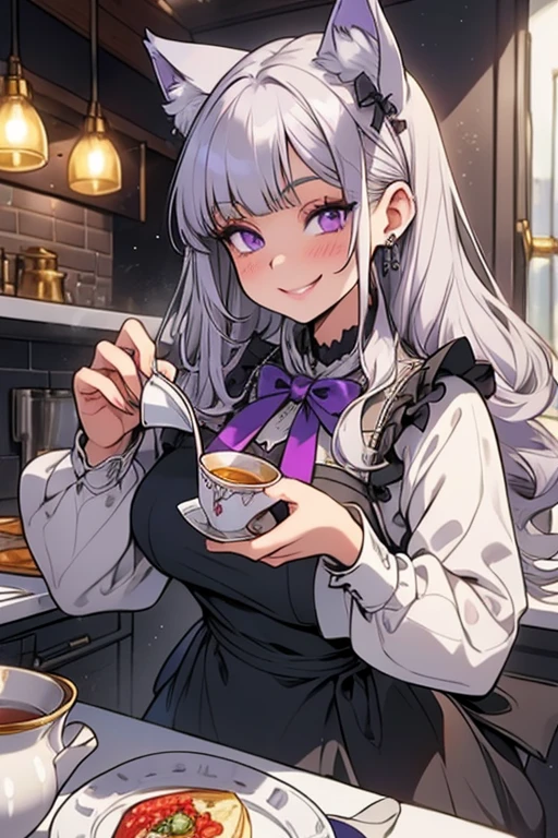 Perfect face. Perfect hands. A young silver haired woman with purple eyes and silver cat ears and a silver cat tail in a Lolita maids outfit is making tea in a fancy kitchen with a big smile