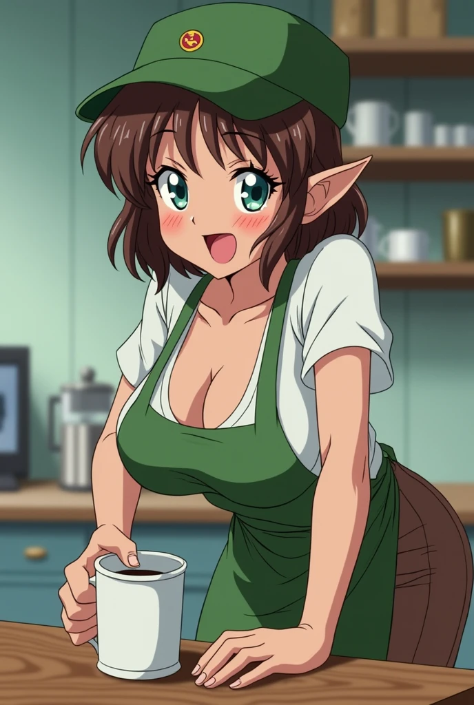 1980s anime screenshot, skinny, aquamarine eyes, brown hair, short wavy hair, elf ears, wet skin, wet clothes, woman, half closed eyes, blush, solo, milking self, coffee mug, (milking into mug), ((one breast out)), pouring breasts milk, leaning forward, (breast squeeze), hand on one breast, looking at viewer, green visor cap, standing, brown pants, smile, table, (coffee shop), large breasts, unbuttoned, white shirt, green apron, pov, open mouth