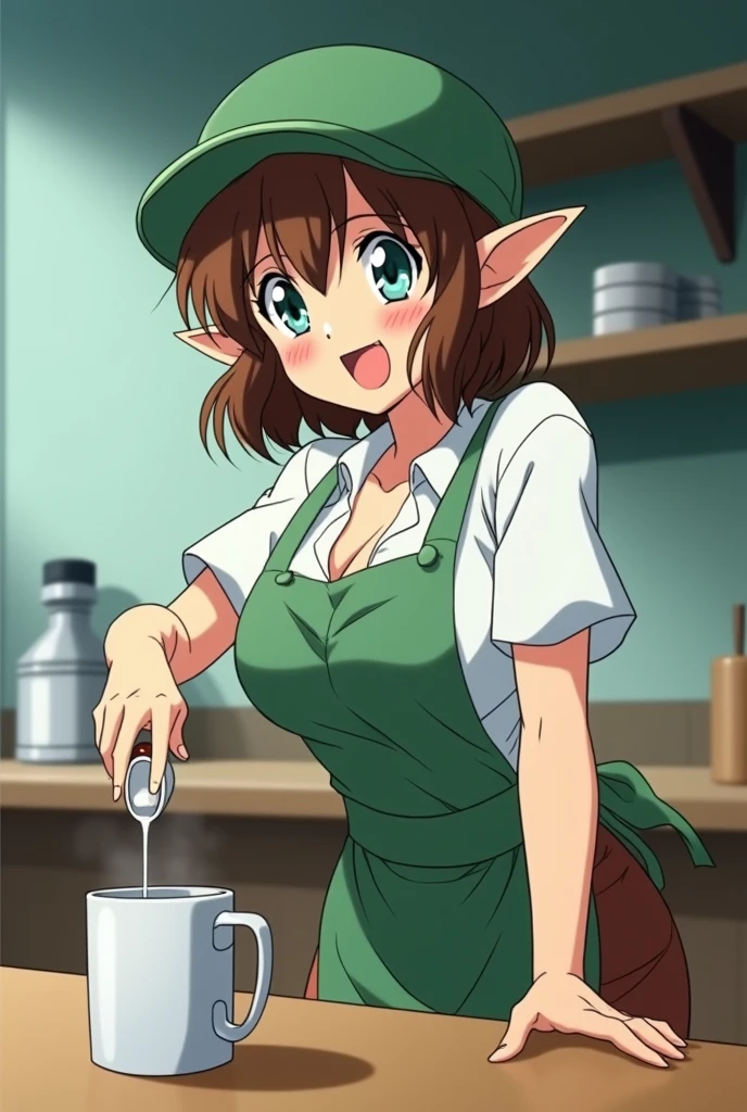 1980s anime screenshot, skinny, aquamarine eyes, brown hair, short wavy hair, elf ears, wet skin, wet clothes, woman, half closed eyes, blush, solo, milking self, coffee mug, (milking into mug), ((one breast out)), pouring breasts milk, leaning forward, (breast squeeze), hand on one breast, looking at viewer, green visor cap, standing, brown pants, smile, table, (coffee shop), large breasts, unbuttoned, white shirt, green apron, pov, open mouth