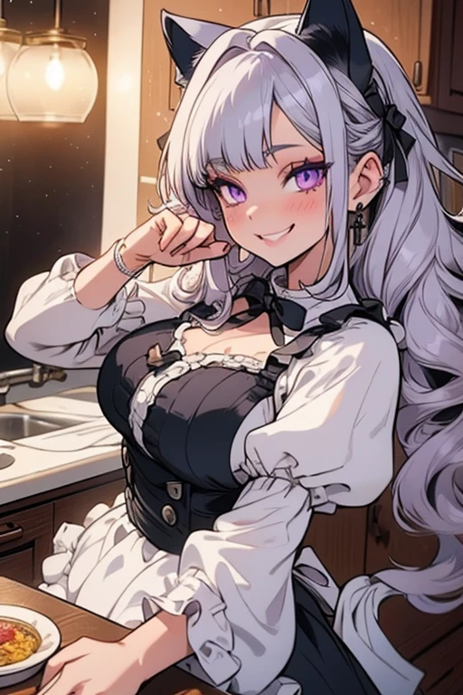 Perfect face. Perfect hands. A young silver haired woman with purple eyes and silver cat ears and a silver cat tail in a Lolita maids outfit is making tea in a fancy kitchen with a big smile