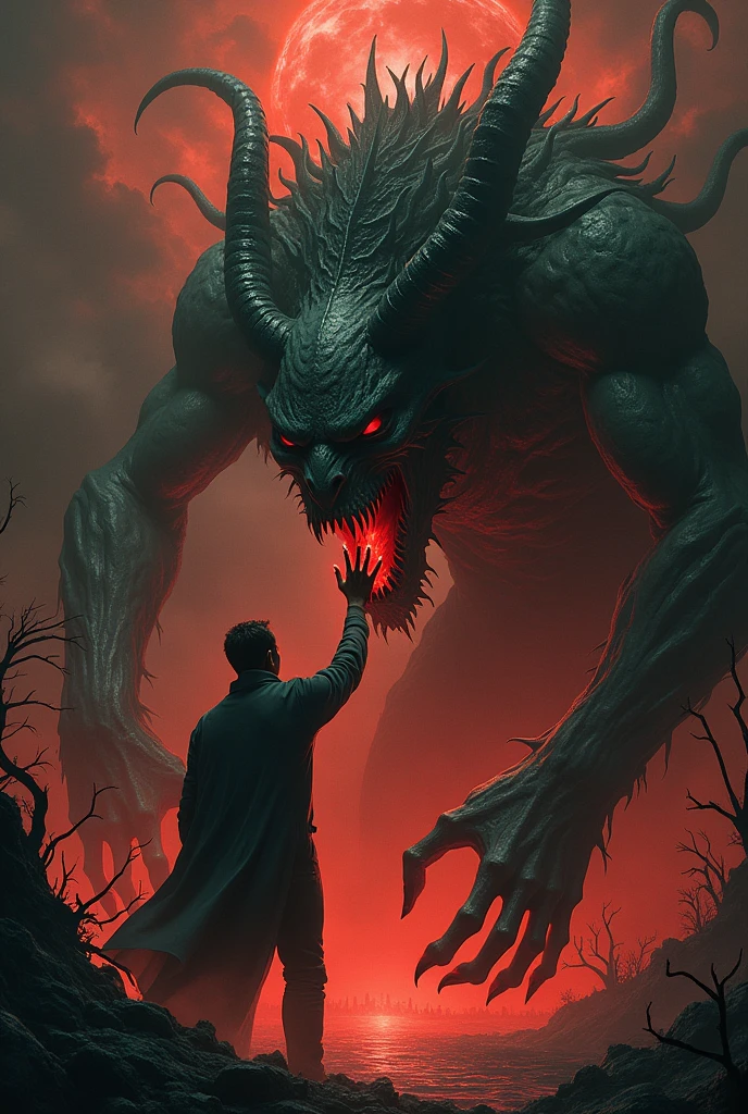 Create a terrifying cover where a man makes a pact with a terrifying demon