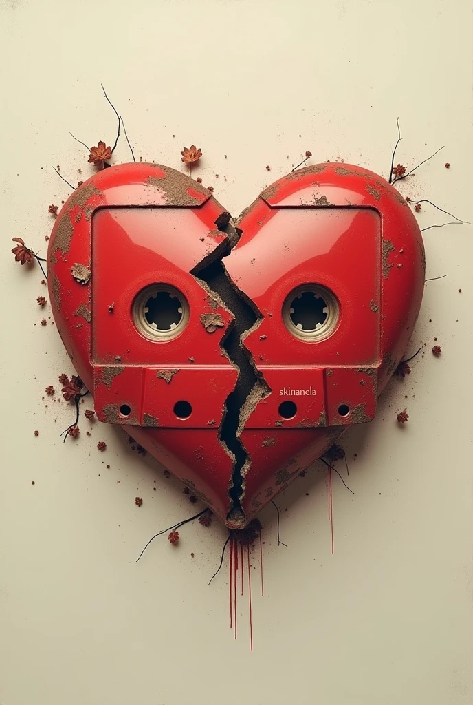 create a broken heart in the shape of a cassette, old retro and inside the cassette it has skincanela written on it 

