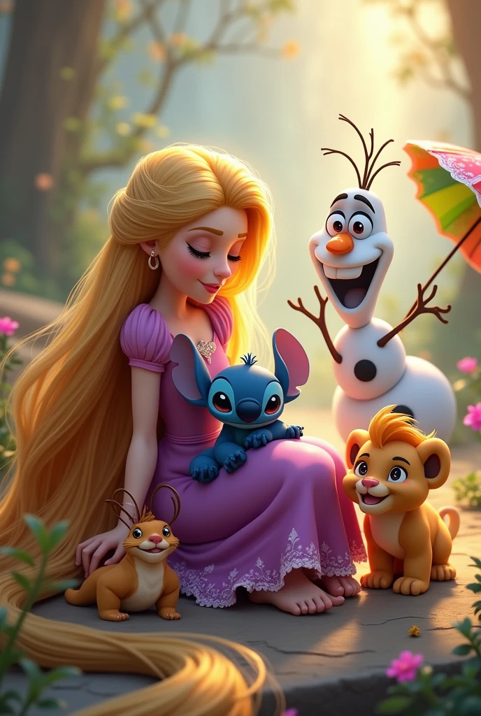 Rapunzel with Stitch in her lap, Simba playing in Rapunzel's hair, and Olaf wearing sunglasses and an umbrella.
