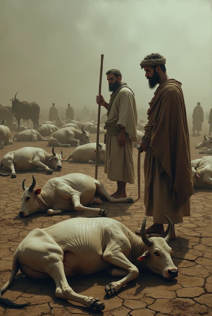 4. Dead cattle: Draw oxen and cows fallen on the ground, while the shepherds look desperately.