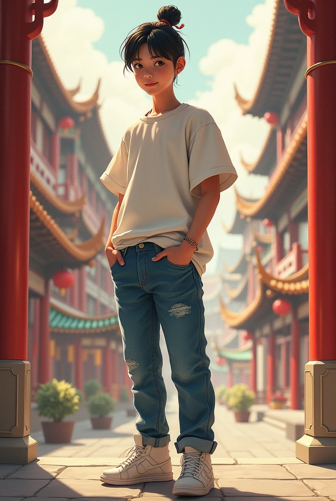 Characterization of Chinese dynasty with modern clothing, jeans and t-shirt, and easy hairstyle