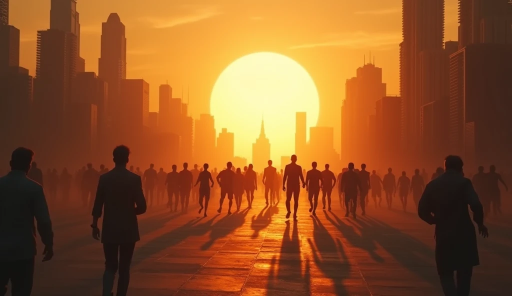 A large, bright sun casting long shadows over a cityscape at dusk, with people moving in different directions, symbolizing the dominance of the ego and the resulting confusion. -ar 16:9
