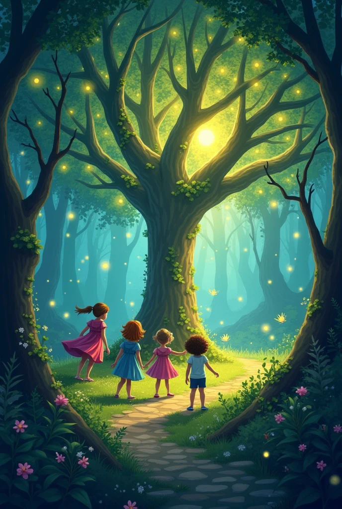 Once upon a time, in a lush forest full of life and mystery, lived three brave children named Sofia, Lucas and Emma. These young explorers were known throughout the village for their courage and insatiable curiosity. One sunny afternoon, the trio set out to explore the heart of the forest, armed with nothing but their imagination and sense of wonder. As they ventured deeper into the forest, they stumbled upon a hidden garden where fireflies danced in the twilight, painting the air with a soft, ethereal glow. Guided by the rustling of leaves, Sofia, Lucas, and Emma find themselves in a clearing where a mystical tree stands tall, its branches adorned with sparkling crystals that glow in the night. They were shining like stars in the sky. Mesmerized by the beauty of the tree, they felt a sense of peace wash over them, as if the forest itself was whispering secrets of ancient wisdom. In that magical moment, the children vowed to forever cherish the wonders of nature and protect the forest that shared its enchanting beauty with them. With hearts full of gratitude and bonds formed by their shared adventures, Sofia, Lucas and Emma return home, their souls forever touched by the magic of the forest and the joy of friendship that will last a lifetime.
