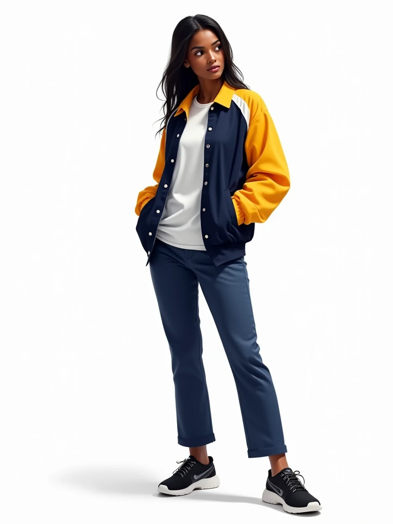 A with dark skin, straight hair, wearing a dark blue, yellow and white shirt, dark blue pants and black sneakers. Pointing to her left side. On a white background.