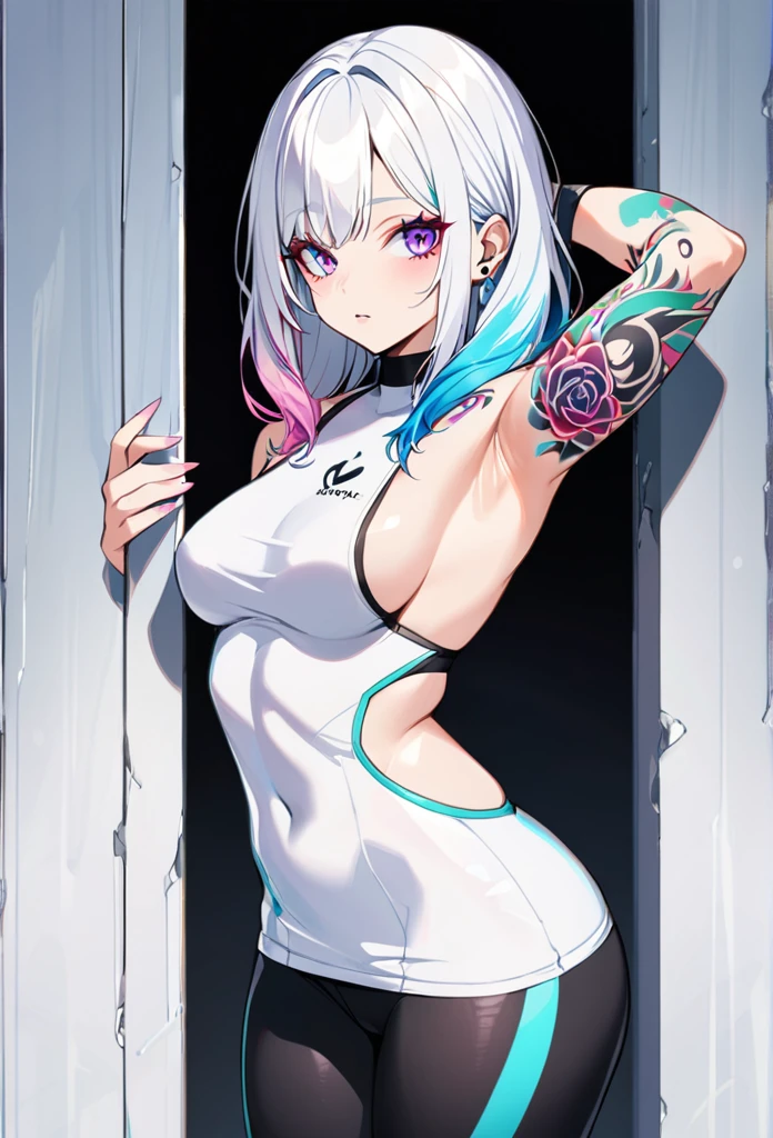 1woman, long white hair with pink and cyan tips, purple eyes, wearing a white coat, leggings, wearing black undershirt, tattoos on arms, colorful tattoos, showing body, medium breasts