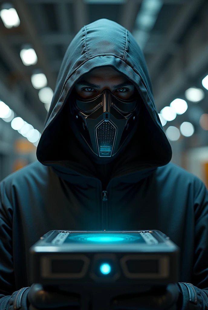 Create an image of Mr. Destiny wearing a mask in a futuristic military hangar looking at an advanced box, close-up photo.