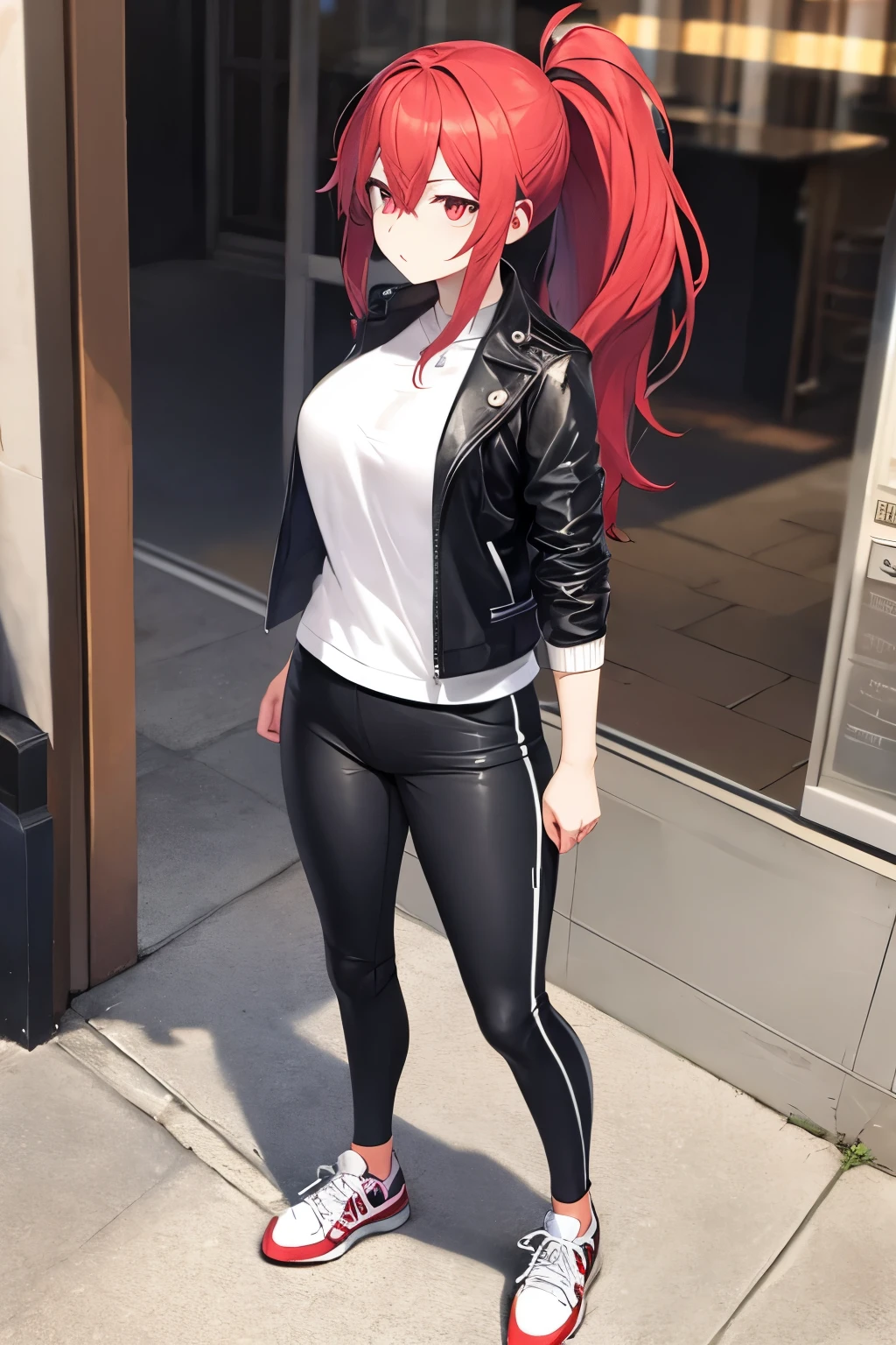 (masterpiece), best quality, BREAK, expressive eyes, (perfect face), 1girl, BREAK,( very long hair, red hair, ponytail), BREAK, (red eyes, agressive eyes, detailed eyes), BREAK, (unpleasant facial expression), BREAK, (very tall height), (skinny build), BREAK, (leather motocycle jacket), BREAK, (black pants), BREAK, (sneakers), BREAK, (downtown), BREAK, (standing), (sideview)