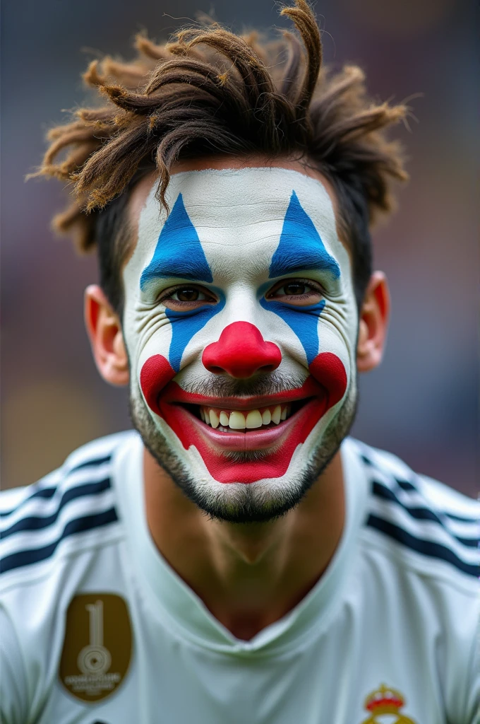 Real Madrid football player Endrick with clown filter smiling at camera 