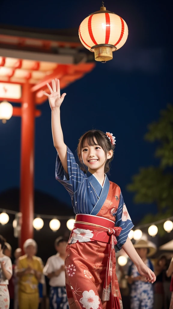 Night festival, drumming in the turret, Many red lanterns line up from the turret and shine red, a group of people wearing yukata singing Bon Odori songs, wearing a blue yukata, quiet dancing Japanese dance with their hands raised diagonally upwards, child 20 years old, one beautiful girl, very cute, long legs and slender , rich body