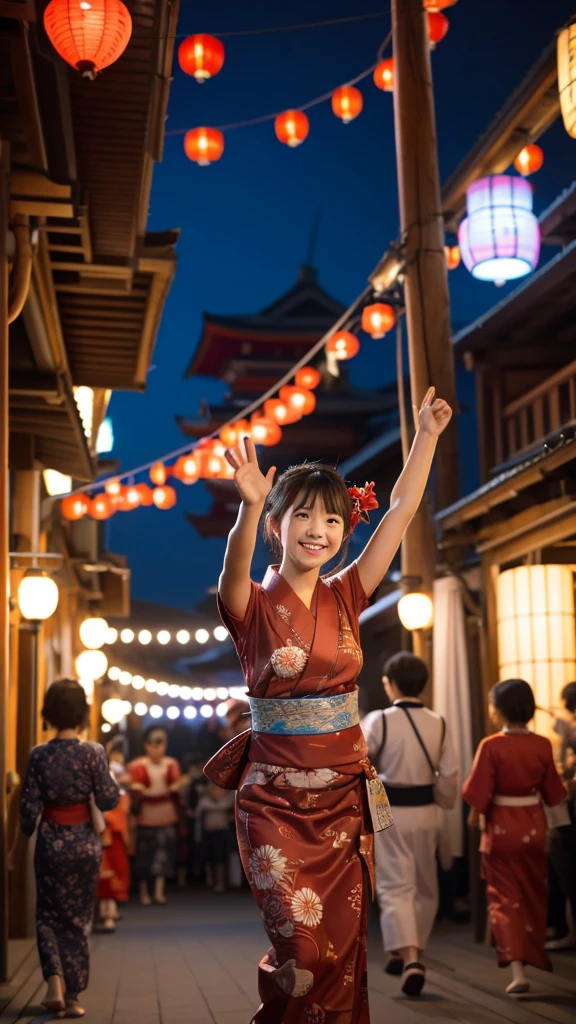 Night festival, drumming in the turret, Many red lanterns line up from the turret and shine red, a group of people wearing yukata singing Bon Odori songs, wearing a blue yukata, quiet dancing Japanese dance with their hands raised diagonally upwards, child 20 years old, one beautiful girl, very cute, long legs and slender , rich body