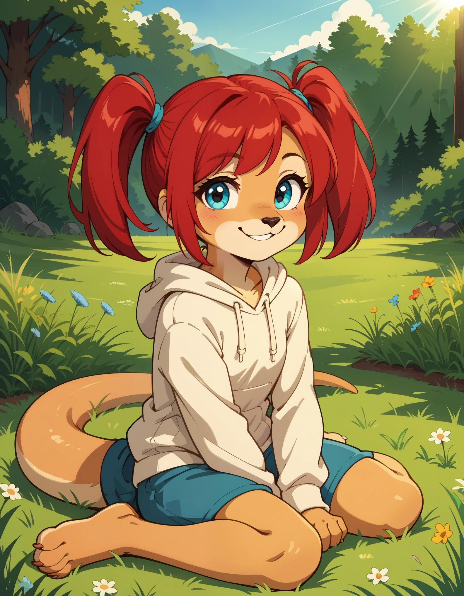 score_9, score_8_up, score_7, rating_ safe, source_furry, furry, camille_w, solo, red hair, twintails, blue eyes, hoodie, (kangaroo tail:0.7), sitting, outdoors, grass, looking at viewer, smile, cute, sunlight, natural lighting, 