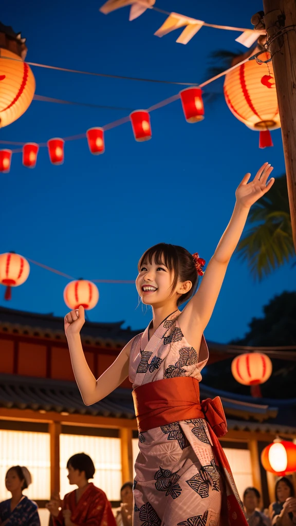 Night festival, drumming in the turret, Many red lanterns line up from the turret and shine red, a group of people wearing yukata singing Bon Odori songs, wearing a blue yukata, quiet dancing Japanese dance with their hands raised diagonally upwards, child 20 years old, one beautiful girl, very cute, long legs and slender , rich body