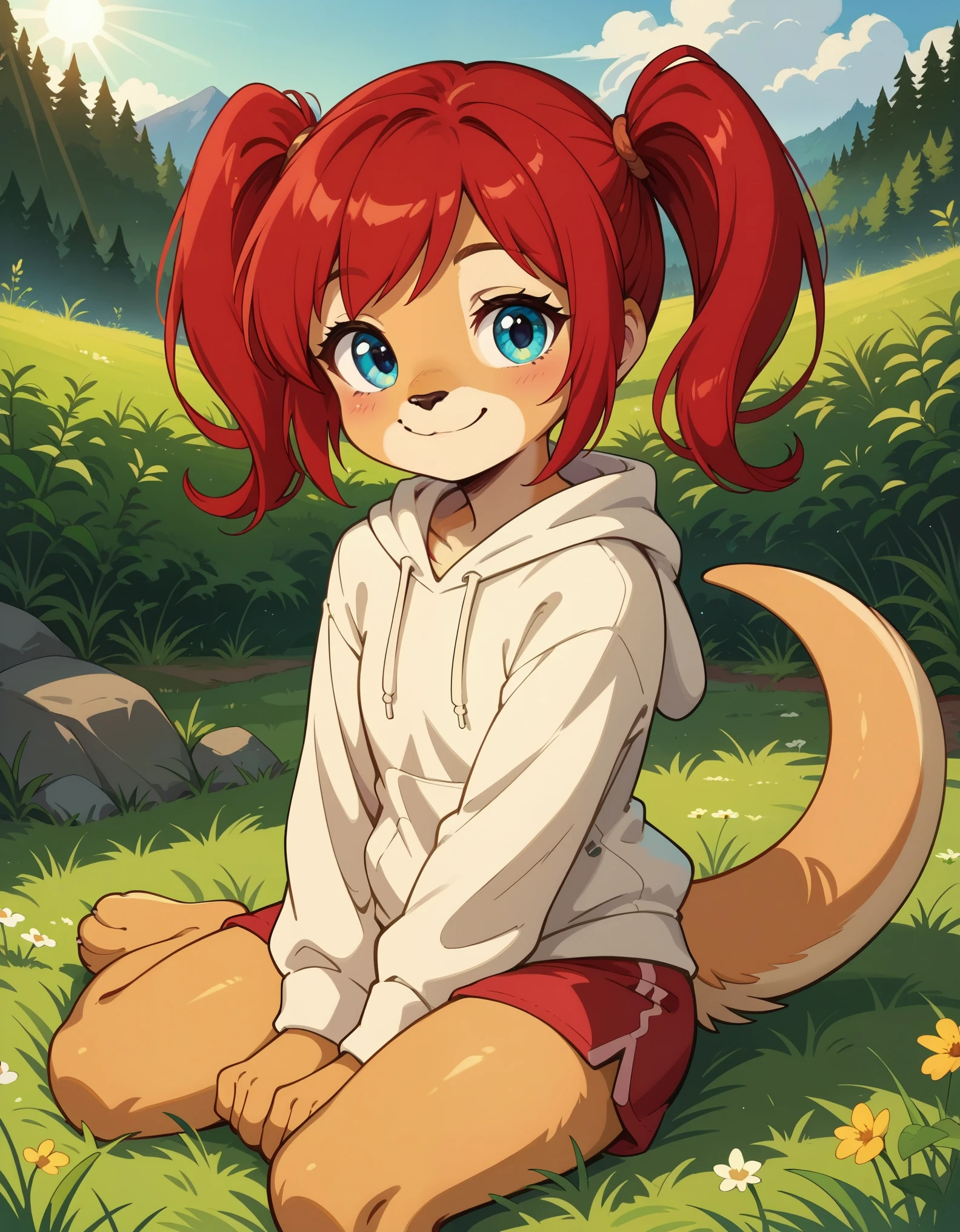 score_9, score_8_up, score_7, rating_ safe, source_furry, furry, camille_w, solo, red hair, twintails, blue eyes, hoodie, (kangaroo tail:0.7), sitting, outdoors, grass, looking at viewer, smile, cute, sunlight, natural lighting, 