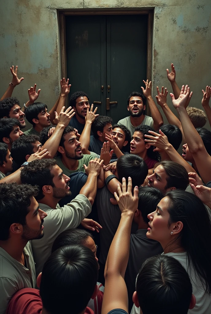 Creating a group of desperate men, women and young people looking,knocking and calling on a narrow door that is closed 