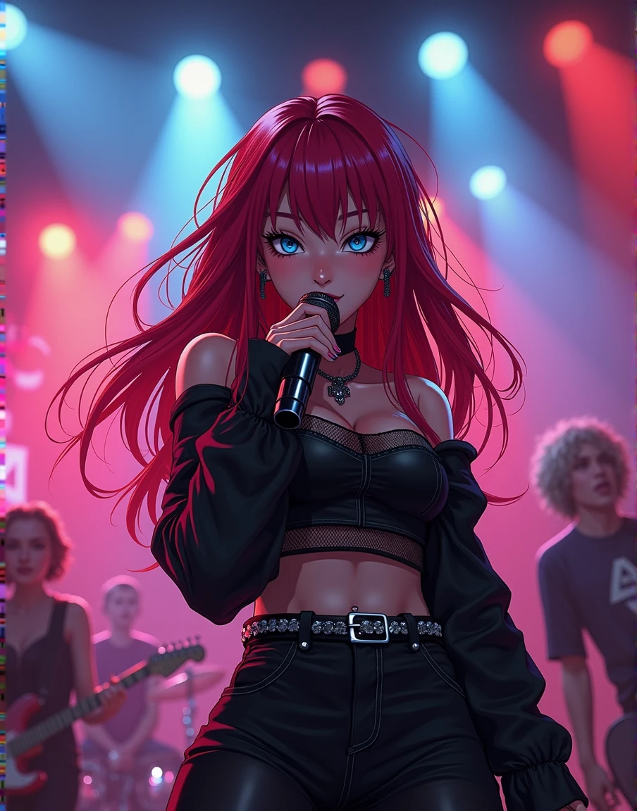 2.5D Masterpiece Anime. A 24 year old scene girl with long dyed red hair. Blue eyes. Singing on stage at a pop-punk concert. Stage background with band. Scene makeup.