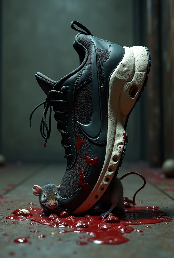 Nike Tn crushing a mouse, blood spurts out and the mouse's organs are crushed under the soles.
