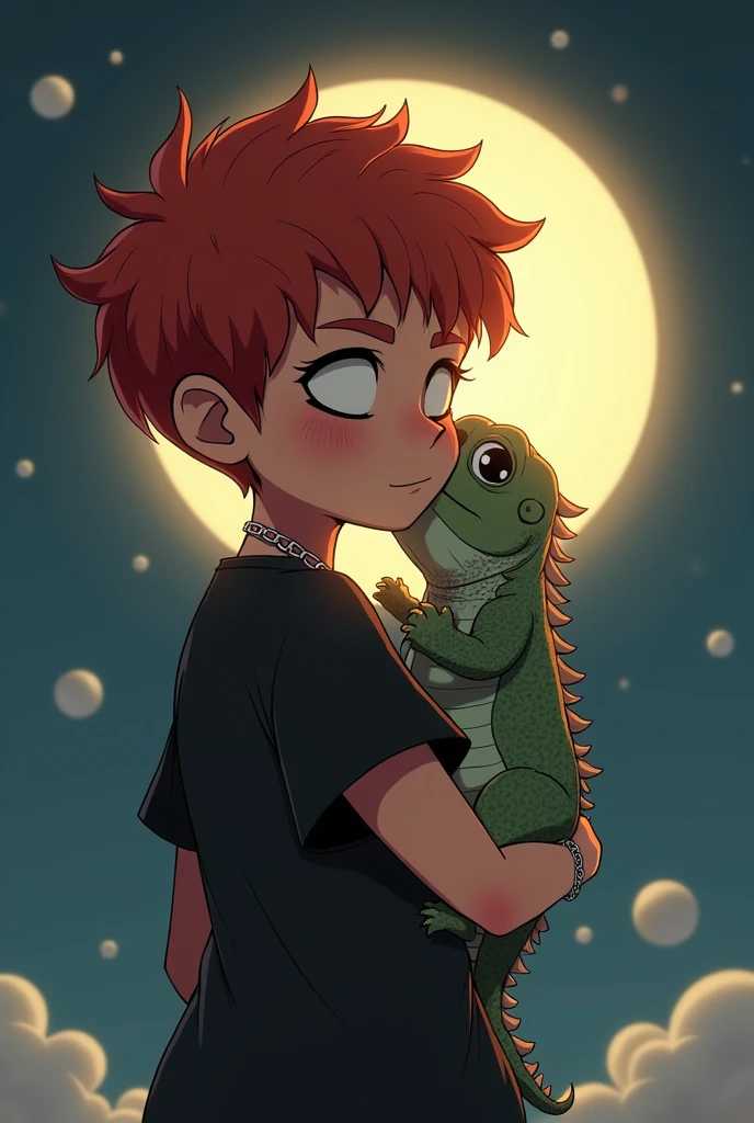 A boy in a black t-shirt and chains with red hair, hugging their little iguana under the happy moon 
