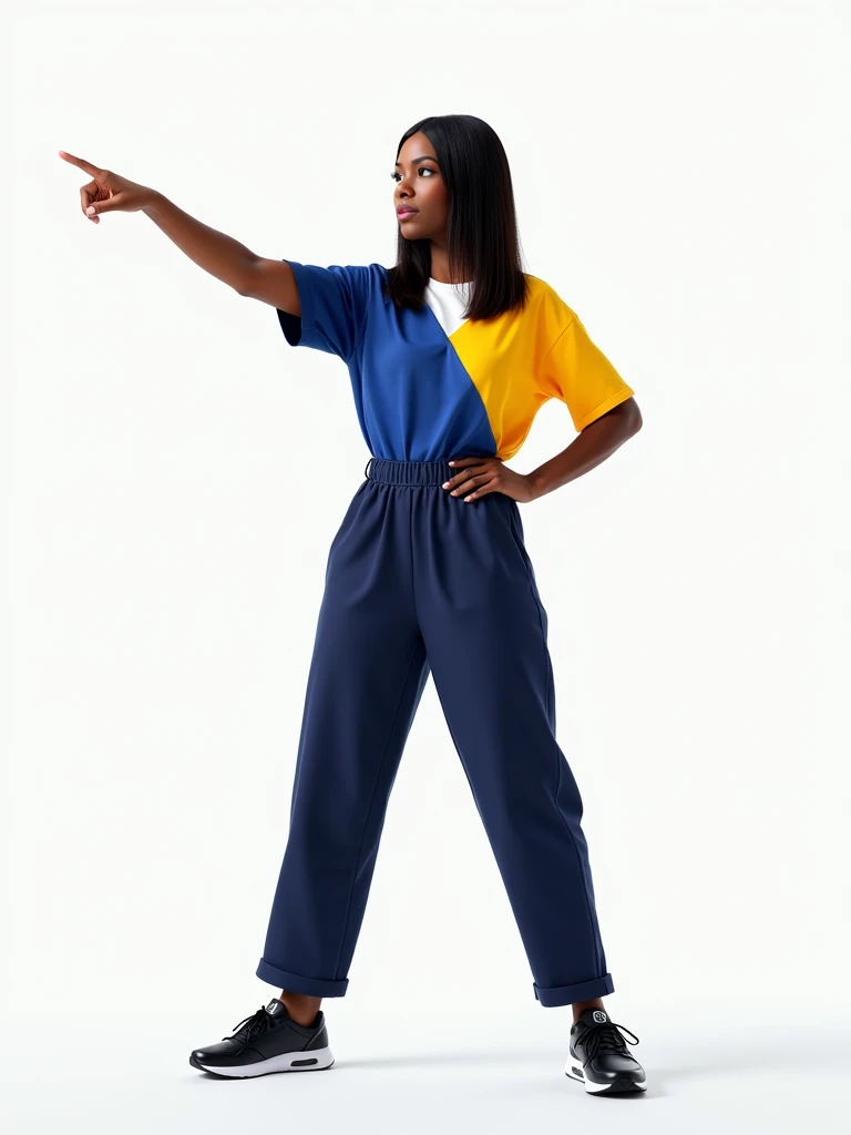 A  with dark skin, straight hair, wearing a dark blue, yellow and white shirt, dark blue pants and black sneakers. Pointing to her left side. On a white background.