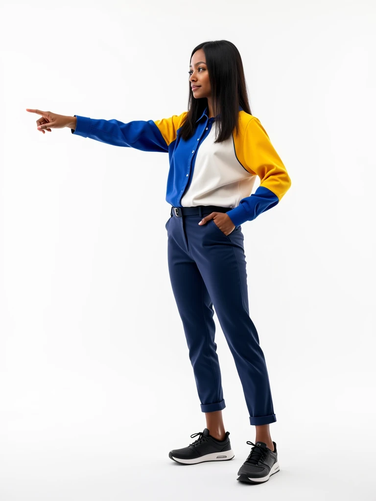 A with dark skin, straight hair, wearing a dark blue, yellow and white shirt, dark blue pants and black sneakers. Pointing to her left side. On a white background.