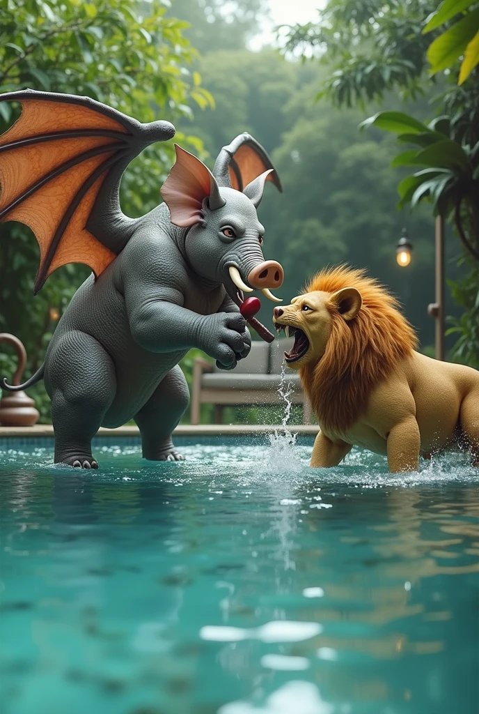 A pig with an elephant head and dragon wings boxing with a lion in the middle of a swimming pool. 