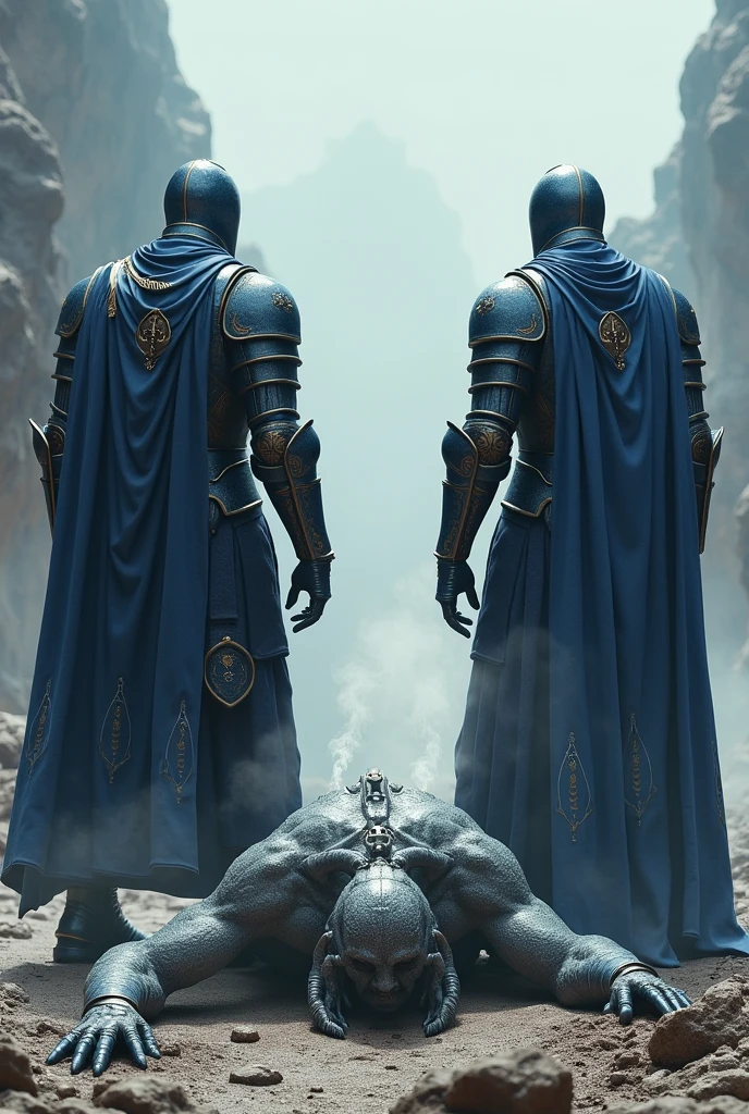 1 warrior in blue armor and blue closed helmet and 1 warrior in light blue armor and light blue closed helmet over the dead body of a gray demon