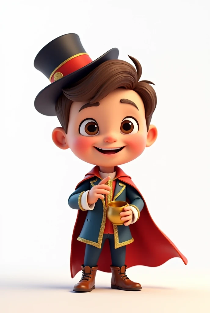 A happy and cute boy with short brown hair, wearing a magician's costume, white background, Pixar-style, 3d, Cartoon s, face detailed, asymmetric