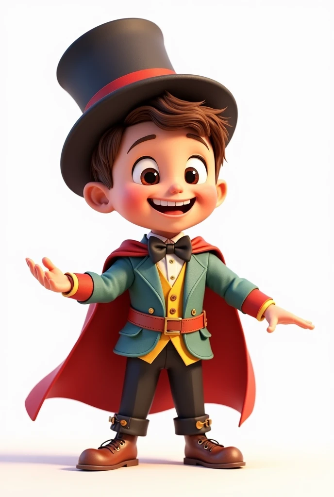 A happy and cute boy with short brown hair, wearing a magician's costume, white background, Pixar-style, 3d, Cartoon s, face detailed, asymmetric