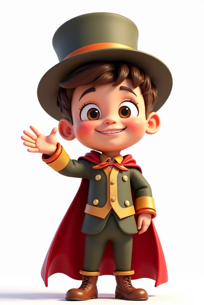 A happy and cute boy with short brown hair, wearing a magician's costume, white background, Pixar-style, 3d, Cartoon s, face detailed, asymmetric 