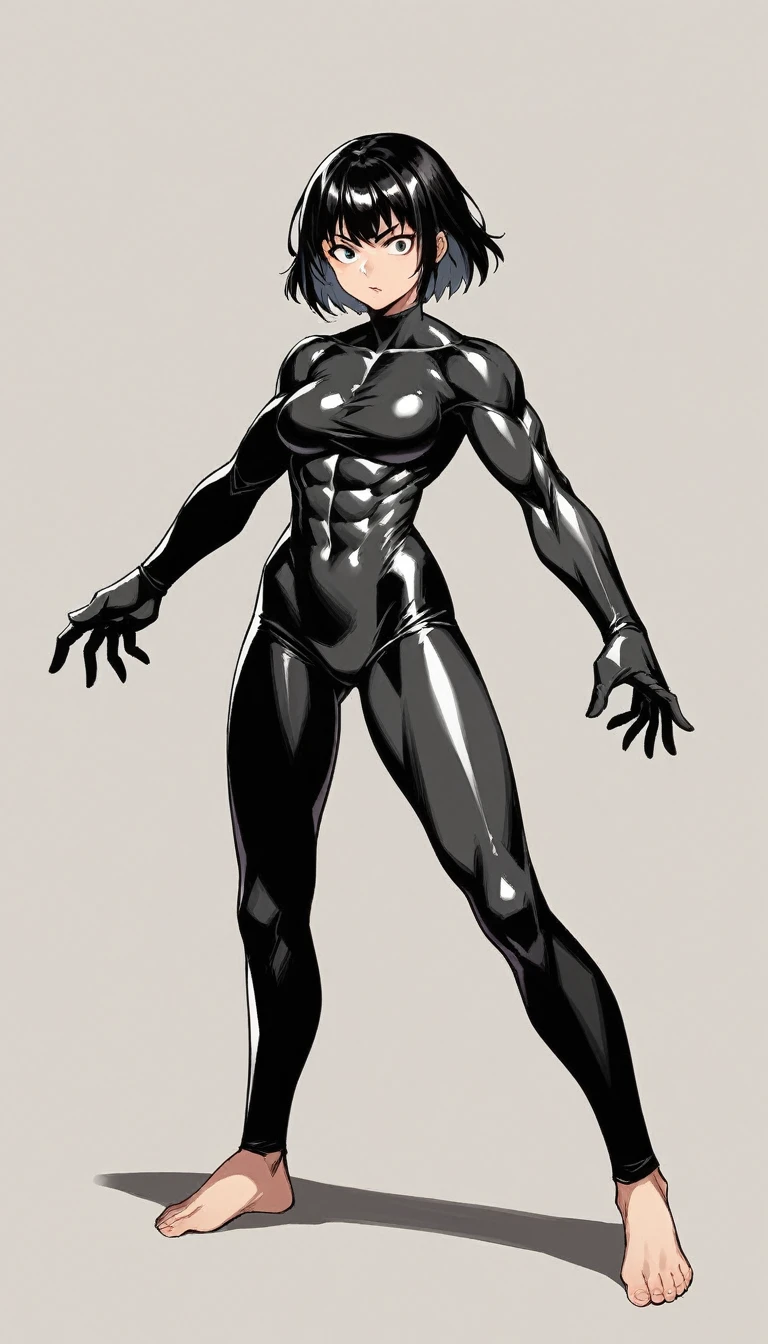 1girl, adult, perfect face, perfect eyes, perfect hands, intricate details, score_9, score_8_up, score_7_up, rating_safe, source_anime, sketch, shiny black hair, medium length hair, sharp eyes, lqarge breast, muscular body, bare feet, spandex suit, full body design, traditional style, greyscale, open hands, unorthodox fighting stance, standing