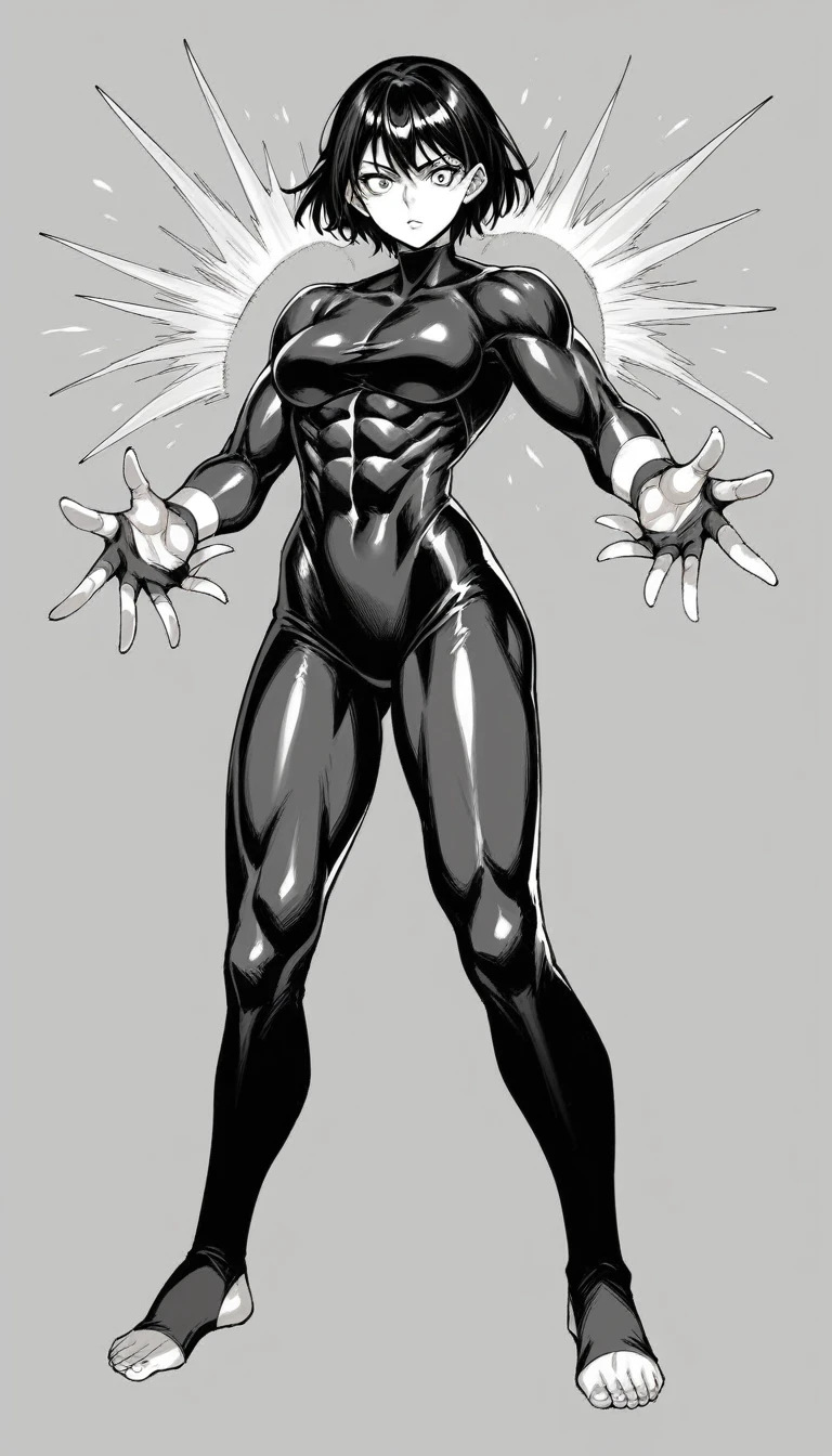 1girl, adult, perfect face, perfect eyes, perfect hands, intricate details, score_9, score_8_up, score_7_up, rating_safe, source_anime, sketch, shiny black hair, medium length hair, sharp eyes, lqarge breast, muscular body, bare feet, spandex suit, full body design, traditional style, greyscale, open hands, unorthodox fighting stance, standing