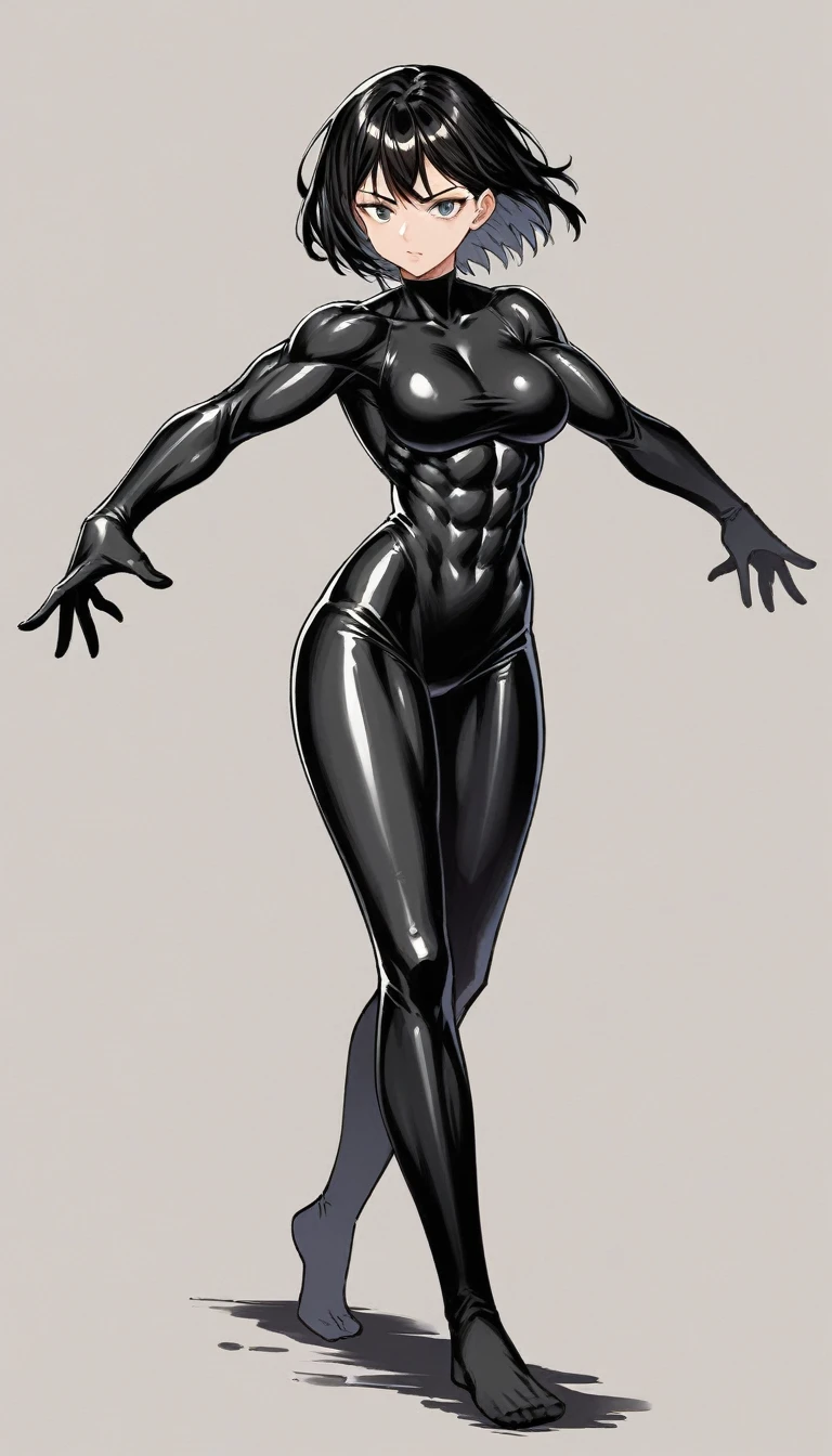 1girl, adult, perfect face, perfect eyes, perfect hands, intricate details, score_9, score_8_up, score_7_up, rating_safe, source_anime, sketch, shiny black hair, medium length hair, sharp eyes, lqarge breast, muscular body, bare feet, spandex suit, full body design, traditional style, greyscale, open hands, unorthodox fighting stance, standing