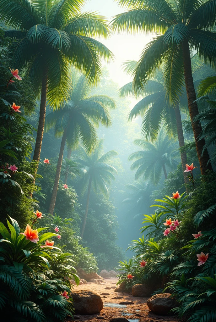 rainforest flora: palms. orchids, ferns , caoba