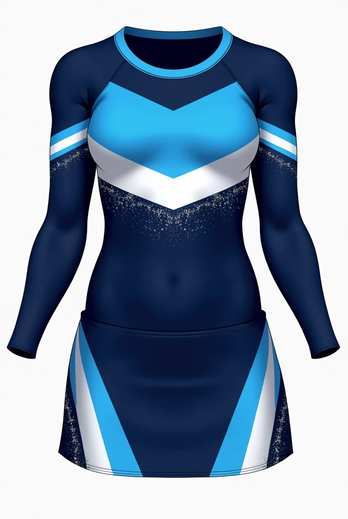 two-piece cheerleader uniform (short top and short skirt) colors: Navy blue, light blue and white
top: (short below bust) Navy blue con MANGAS LARGAS DESMONTABLES con raya azul claro, the top is round neck, with a light blue top stripe. White at the bottom of the top to print the logo, y en la parte final inferior terminación con raya azul claro y Navy blue (just a line and let the line be vertical) . Glitter on top of the top. Glitter on the bottom of the sleeves
skirt: FITTED SKIRT in a V shape at the top in light blue, el resto de la falda es Navy blue. Glitter on top of the skirt