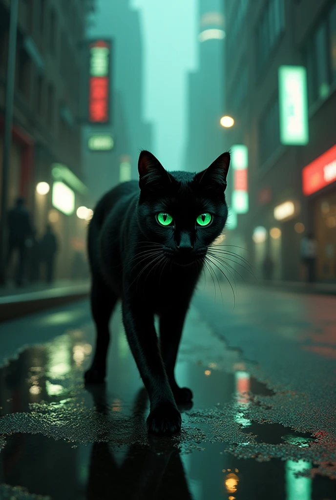 black cat with green eyes in a city