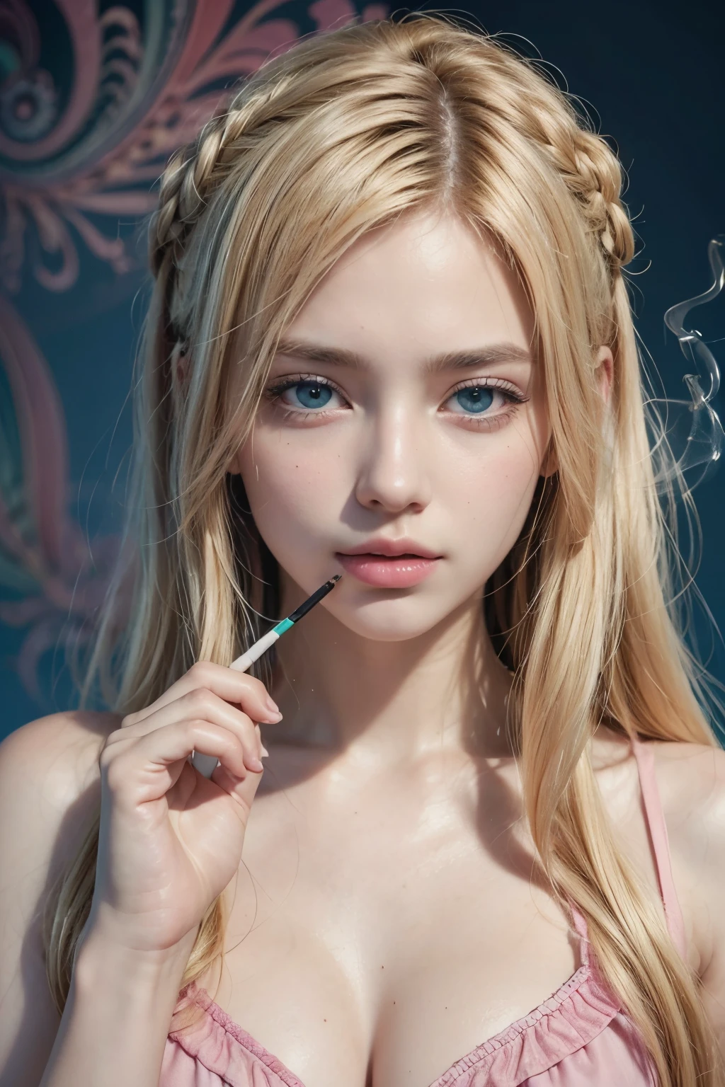 (Masterpiece artwork, top-quality, best qualityer, offcial art, pretty,Sexy and aesthetic: 1.2), (1girl), extremely detailed blonde looking at the viewer wearing a bright pink outfit ,holding a cigarette between his fingers, flawless, with smoke coming out of it, with logo 4:20 on a flag with 1 holding (Fractal Art: 1.3), colorfully, more detailed in blue pink and green colors.,