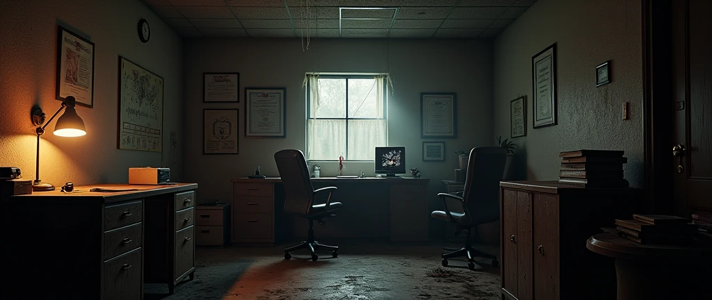 I want an image of an office for a FNAF fangame called "Five Nights at Sandman". Don't put any animatronics in the image, I just want the image of a first-person office, same as the original game. realisitic.
