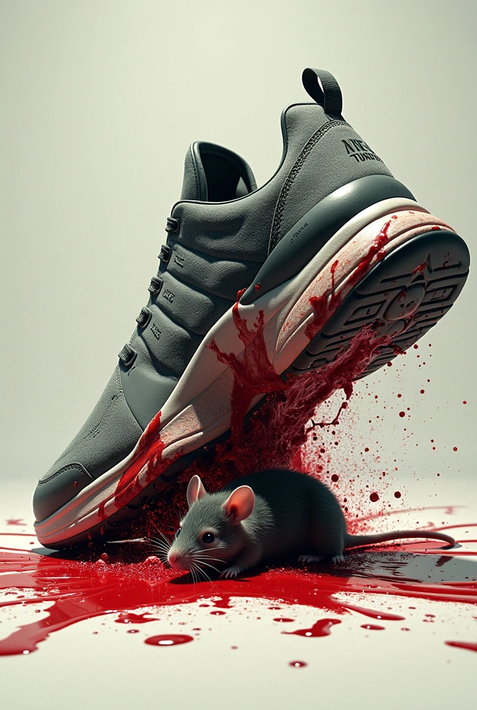 Nike Tuned Air crushing a mouse, blood splatters, and the mouse's organs are crushed under the soles.