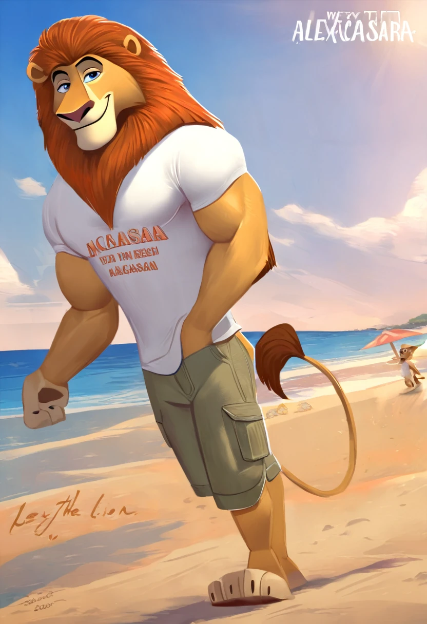 Alex the Lion from Madagascar cartoon, slender, muscular gold lion with blue eyes, handsome, tall, brown pentagon mane, extremely beautiful face, muscular body, wears a denim cargo shorts, white t-shirt, on his t-shirt written Madagascar in orange letters, with the inscription Madagascar, bare feet, on beach, smile, gentle look, walking on beach