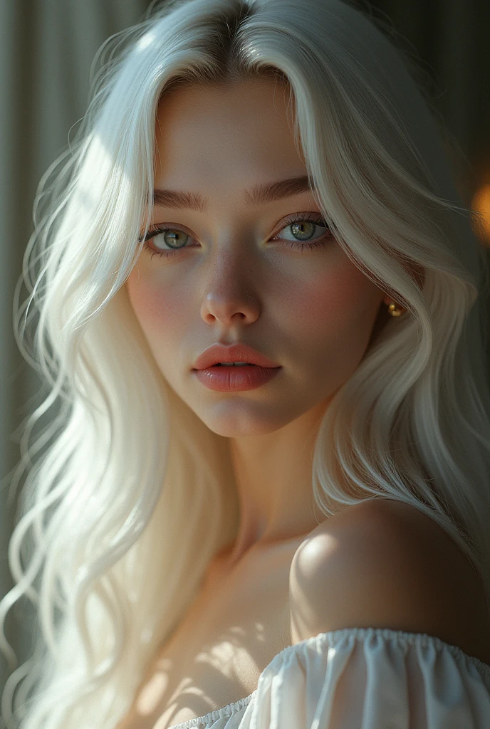 a 21 year old girl with long white hair and grey eyes,shy expression,detailed facial features,beautiful detailed eyes,beautiful detailed lips,extremely detailed eyes and face,longeyelashes,delicate facial expression,gentle smile,(best quality,4k,8k,highres,masterpiece:1.2),ultra-detailed,(realistic,photorealistic,photo-realistic:1.37),portrait,soft lighting,warm color tones,cinematic lighting,ethereal,dreamy